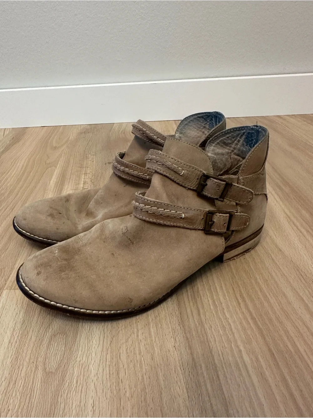 Free People Double-Buckle Suede Ankle Boots in Tan